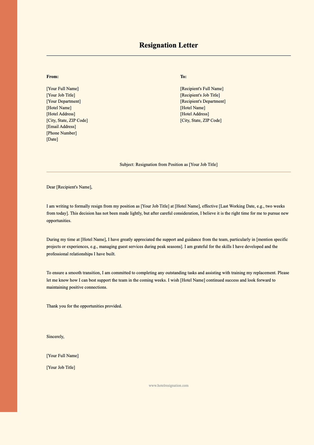 Hotel resignation letter template with placeholder fields and formal structure_variant_2